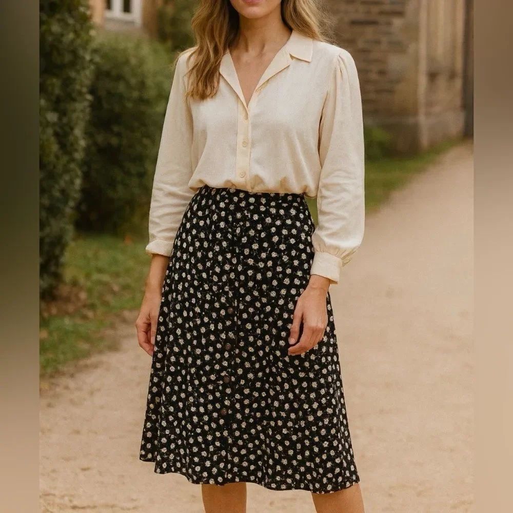 Vintage Liz Claiborne A-line Pleated Black floral Midi Button Down Skirt